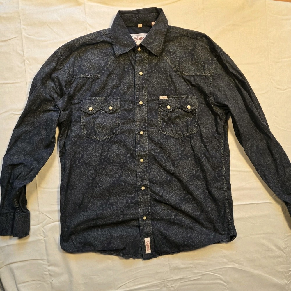 Vtg Rafter C Shirt Mens L Navy Blue Cowboy Collection Paisley Western Pearl Snap